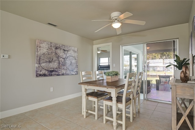 dining area featuring ceiling fan and light tile patterned floors