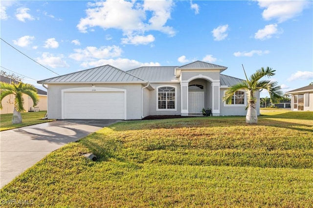 ranch-style house with a garage and a front yard