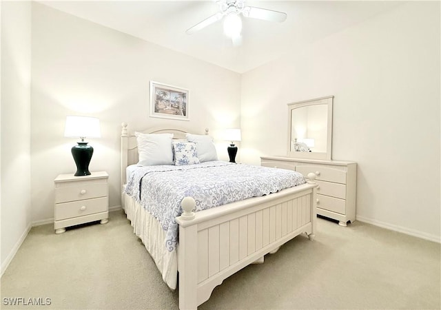 bedroom with light colored carpet and ceiling fan