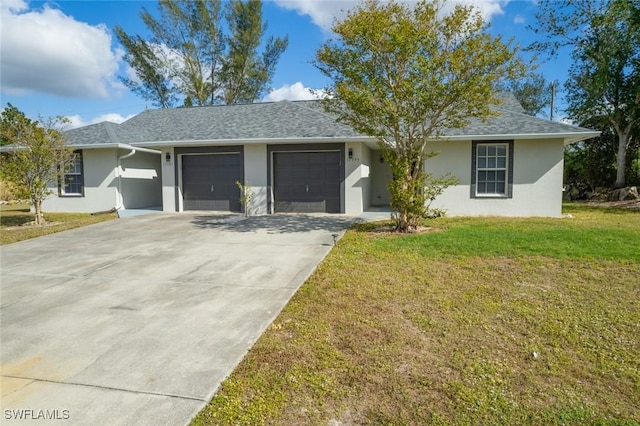 ranch-style house with a front yard and a garage