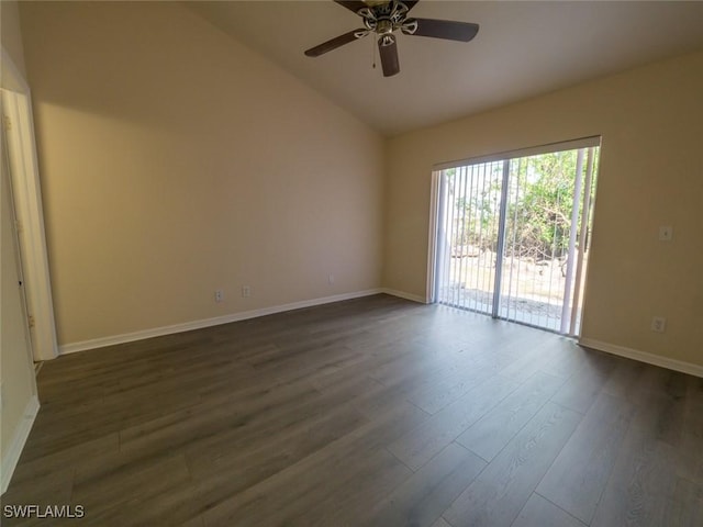 unfurnished room with dark wood-type flooring, ceiling fan, and lofted ceiling