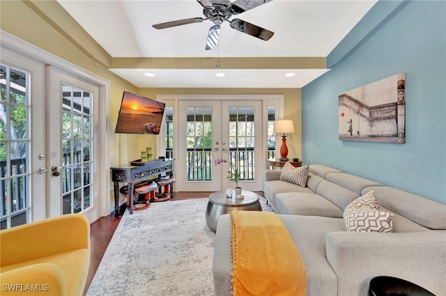 2511 Estey Ave Unit E4, Naples, FL 34104 - living area featuring french doors, a ceiling fan, wood finished floors, and recessed lighting