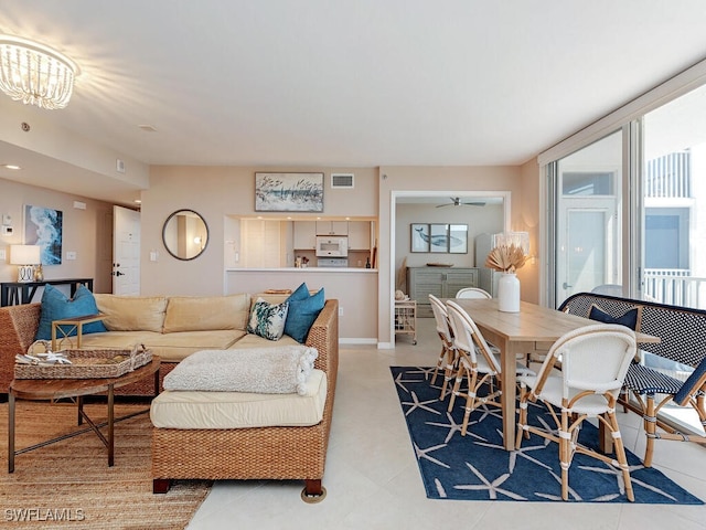 living room with ceiling fan