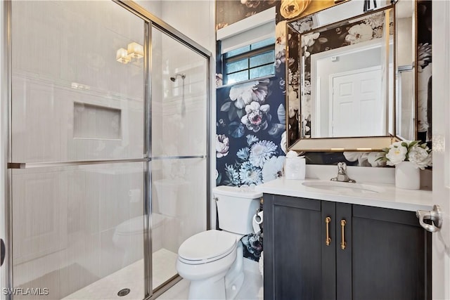 bathroom with vanity, an enclosed shower, and toilet