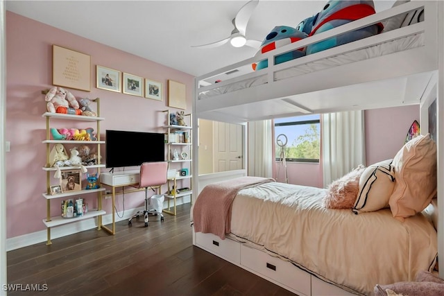 bedroom featuring dark hardwood / wood-style flooring and ceiling fan