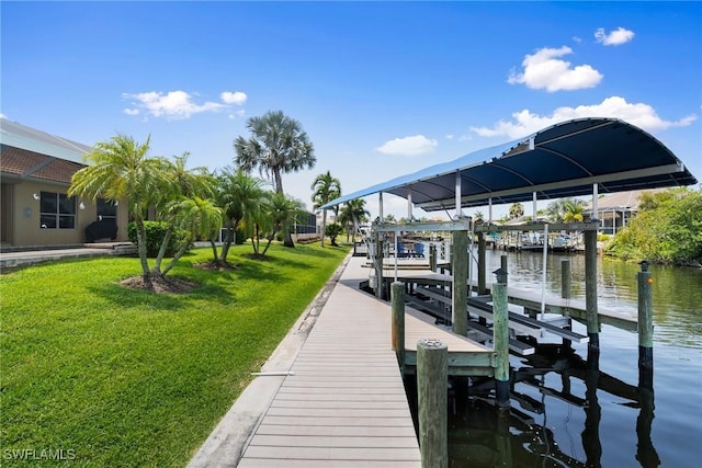 dock area with a water view and a yard