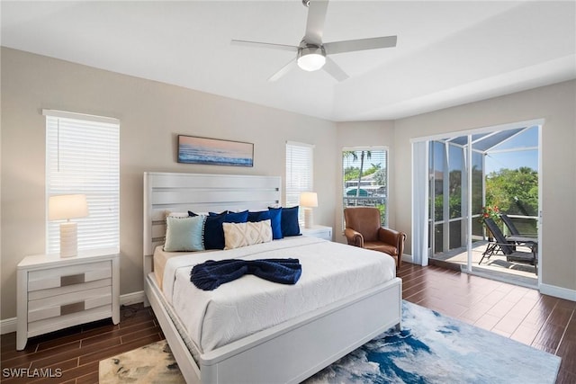 bedroom with ceiling fan and access to exterior