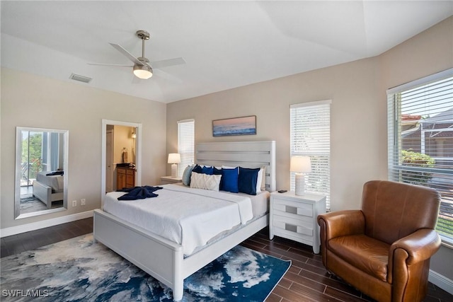 bedroom with ceiling fan and ensuite bathroom