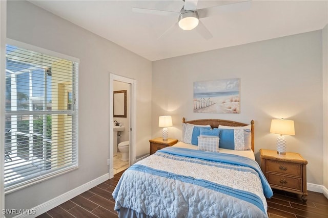 bedroom featuring ceiling fan and connected bathroom