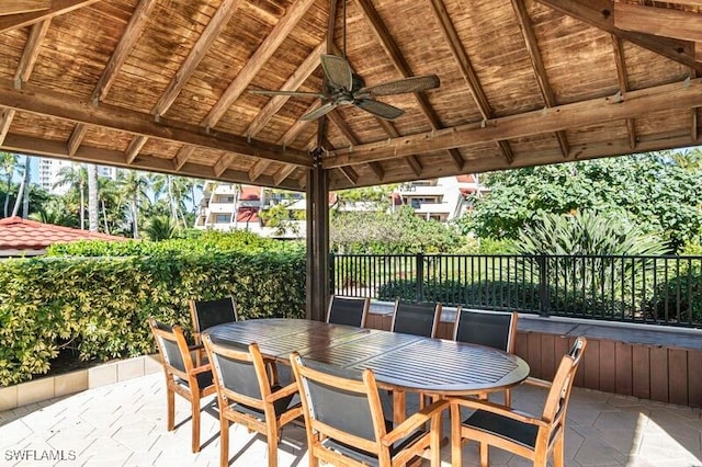 view of patio / terrace with ceiling fan and a gazebo