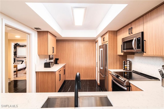 kitchen with a tray ceiling, appliances with stainless steel finishes, sink, and light brown cabinets