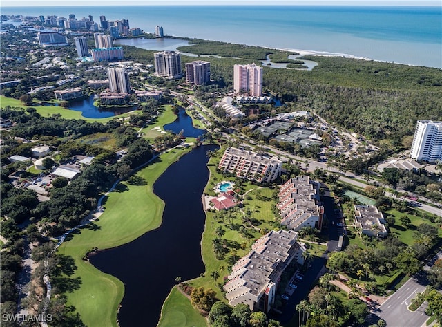 drone / aerial view with a water view