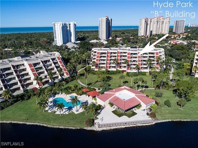 aerial view featuring a water view