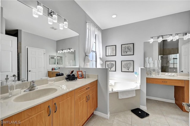 bathroom featuring tile patterned floors, vanity, and plus walk in shower