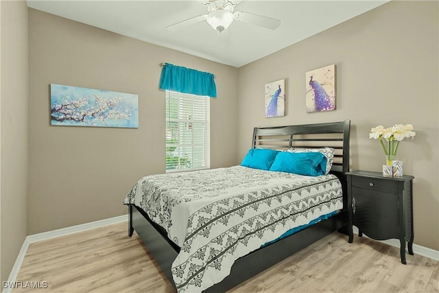 bedroom with ceiling fan and light hardwood / wood-style flooring