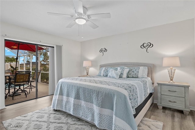 bedroom featuring ceiling fan, access to exterior, and light wood-type flooring