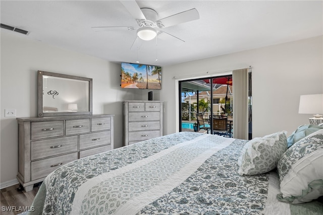 bedroom with ceiling fan, access to exterior, and hardwood / wood-style floors