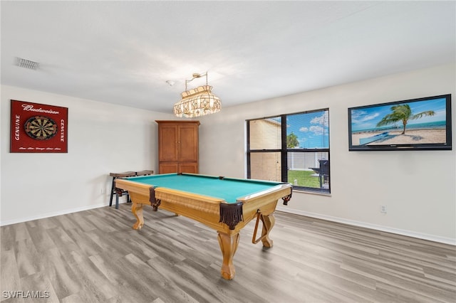 recreation room featuring pool table and light hardwood / wood-style flooring