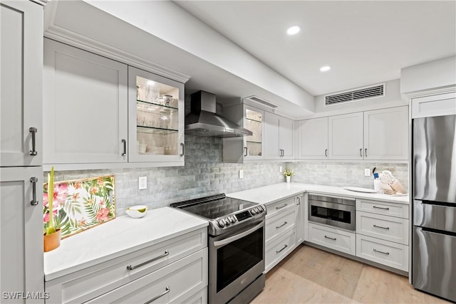 kitchen with wall chimney exhaust hood, white cabinetry, decorative backsplash, and stainless steel appliances