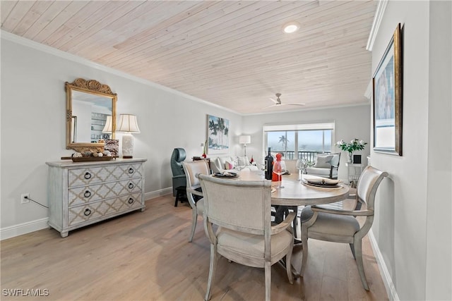 dining area featuring wooden ceiling, light hardwood / wood-style flooring, ceiling fan, and ornamental molding