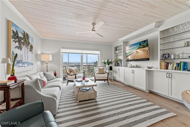 living room featuring crown molding, light hardwood / wood-style floors, wood ceiling, built in features, and ceiling fan