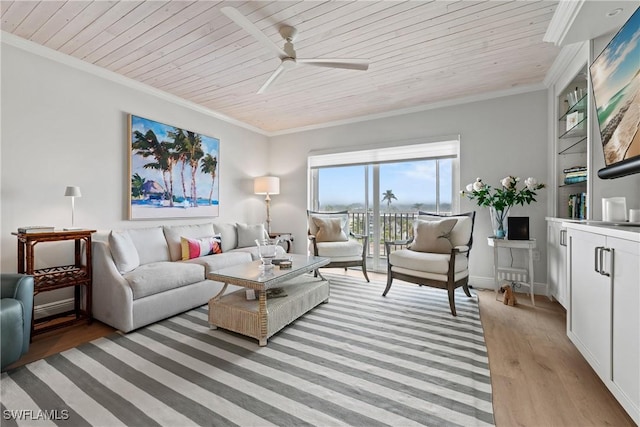 living room with ornamental molding, light wood-type flooring, ceiling fan, and wood ceiling