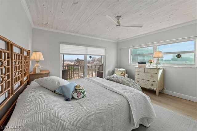 bedroom with wood-type flooring, access to exterior, ceiling fan, wooden ceiling, and crown molding