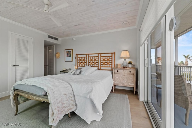 bedroom featuring crown molding, ceiling fan, light wood-type flooring, wooden ceiling, and access to exterior