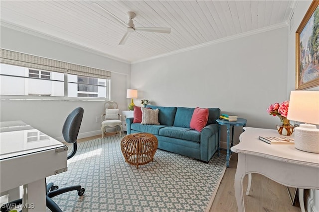 office featuring ceiling fan, wooden ceiling, hardwood / wood-style flooring, and crown molding