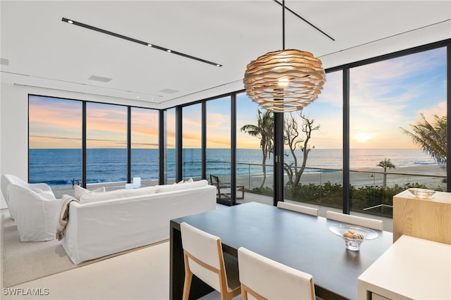 bedroom with expansive windows, a water view, multiple windows, and a view of the beach