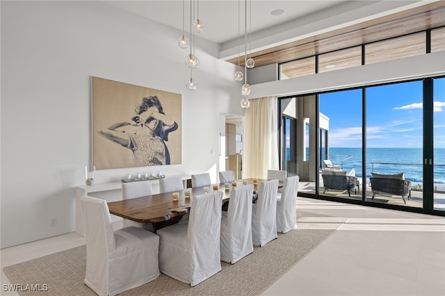 dining area featuring a water view and a high ceiling