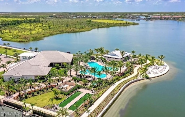 bird's eye view with a water view