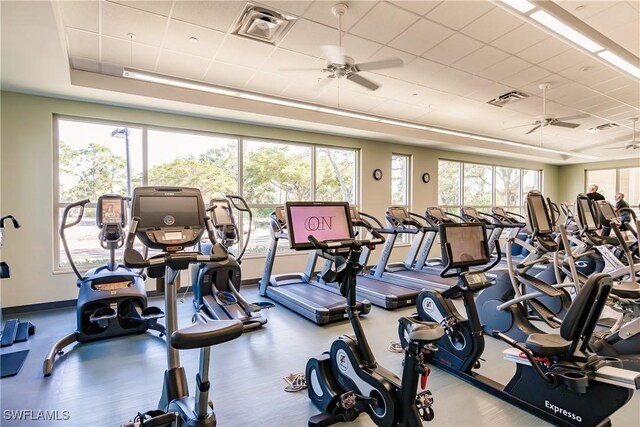 exercise room featuring ceiling fan, a raised ceiling, and a drop ceiling