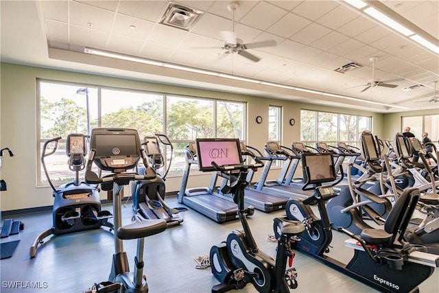 gym with visible vents, a healthy amount of sunlight, and ceiling fan