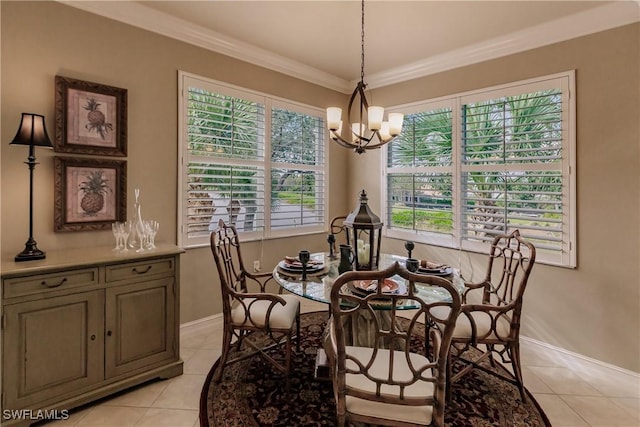 dining area with plenty of natural light, light tile patterned floors, crown molding, and a notable chandelier