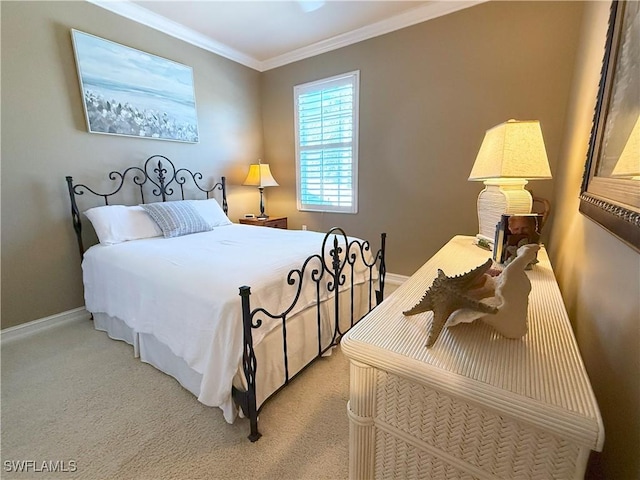 bedroom with baseboards, light colored carpet, and ornamental molding
