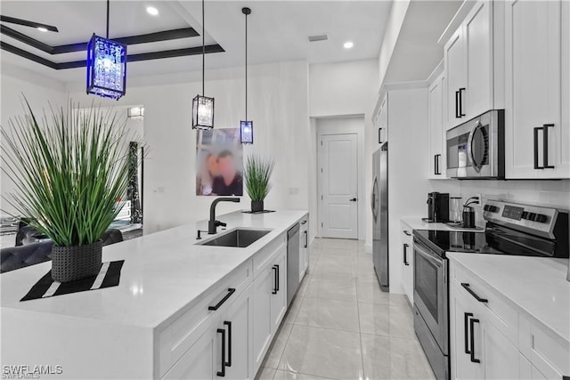 kitchen featuring white cabinetry, sink, appliances with stainless steel finishes, and a tray ceiling