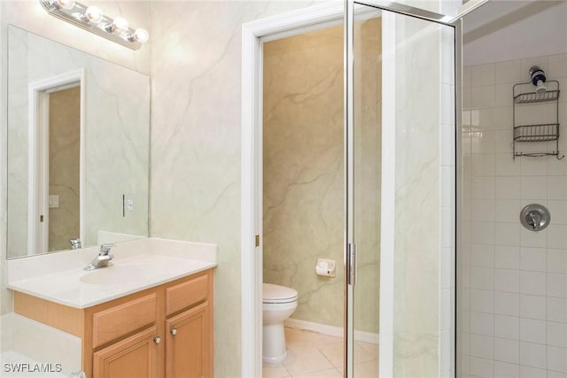 bathroom with walk in shower, tile patterned floors, vanity, and toilet