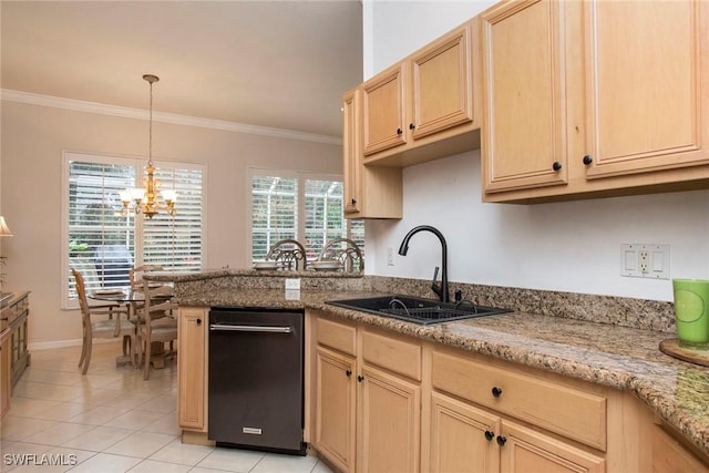 kitchen with sink, dishwasher, light stone counters, light brown cabinetry, and a chandelier