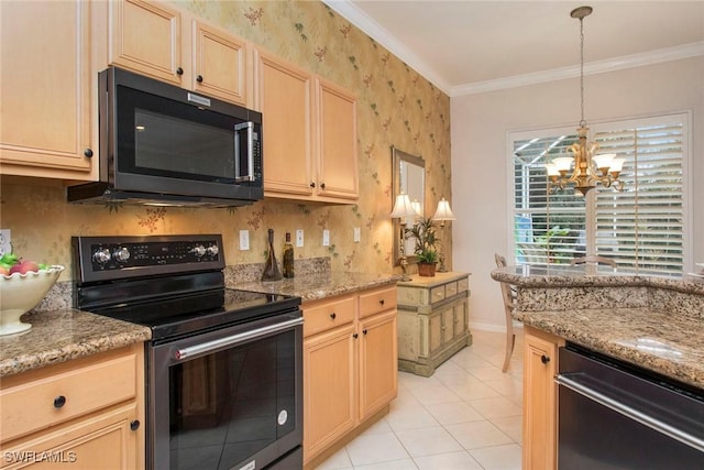 kitchen with light brown cabinetry, dishwasher, black electric range oven, a chandelier, and hanging light fixtures