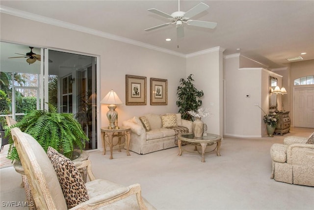 carpeted living room with crown molding