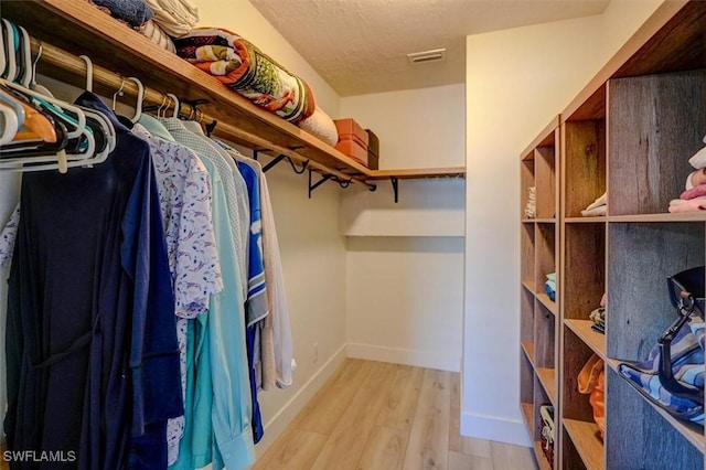 walk in closet with light hardwood / wood-style flooring