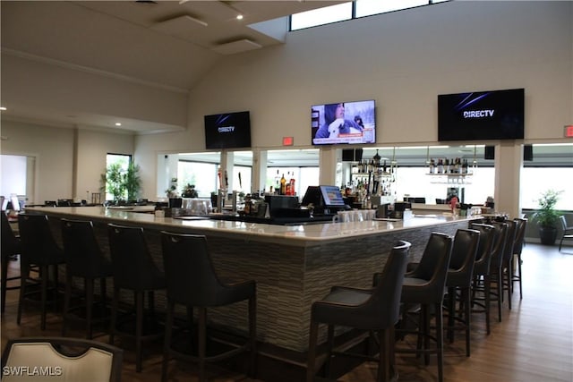 bar featuring high vaulted ceiling, wood finished floors, and a community bar