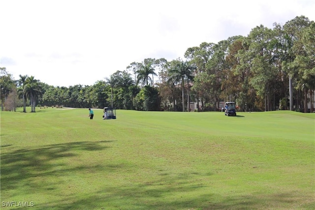 view of community with a lawn and golf course view