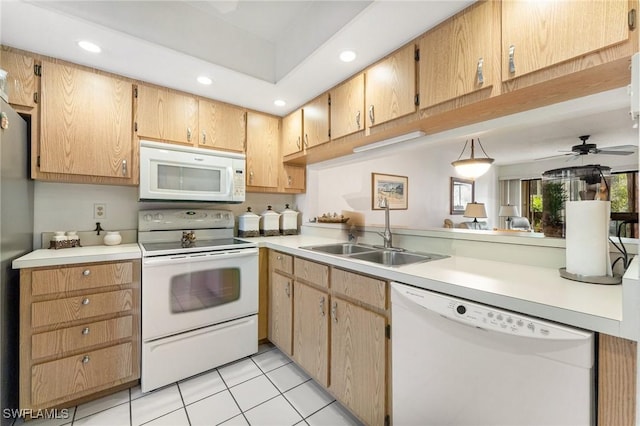 kitchen with white appliances, ceiling fan, sink, light brown cabinets, and light tile patterned flooring