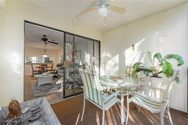 interior space with ceiling fan