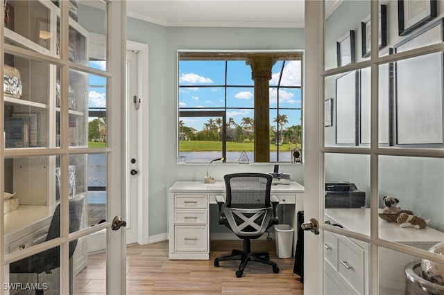 office space with french doors and ornamental molding