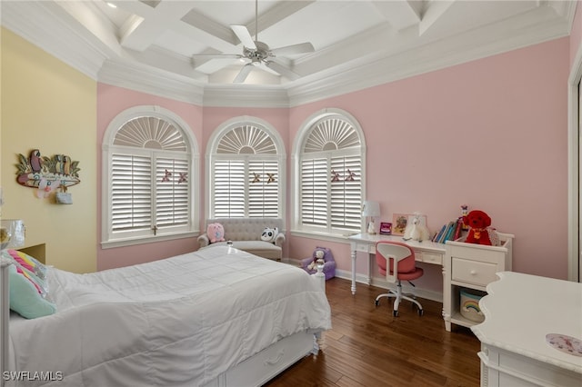 bedroom with dark hardwood / wood-style flooring, ornamental molding, coffered ceiling, ceiling fan, and beam ceiling