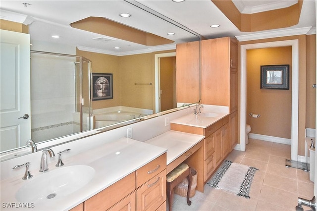 full bathroom featuring tile patterned flooring, toilet, vanity, independent shower and bath, and ornamental molding