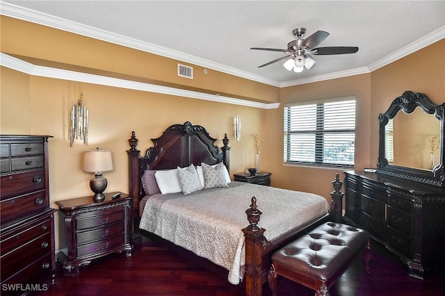 bedroom with ceiling fan, dark hardwood / wood-style flooring, and ornamental molding